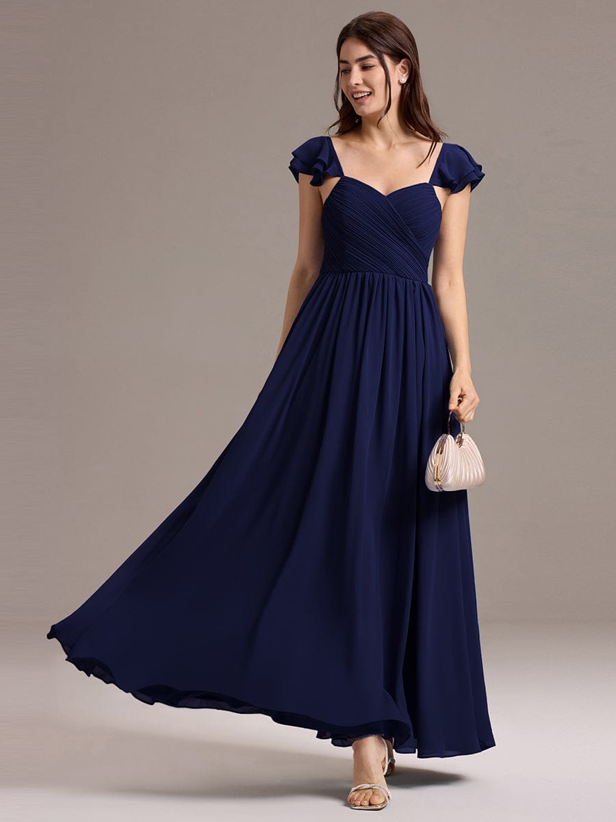 Chiffon A-Line Ruffles Cap Sleeve Bridesmaid Dress with Side Slit #color_Navy Blue