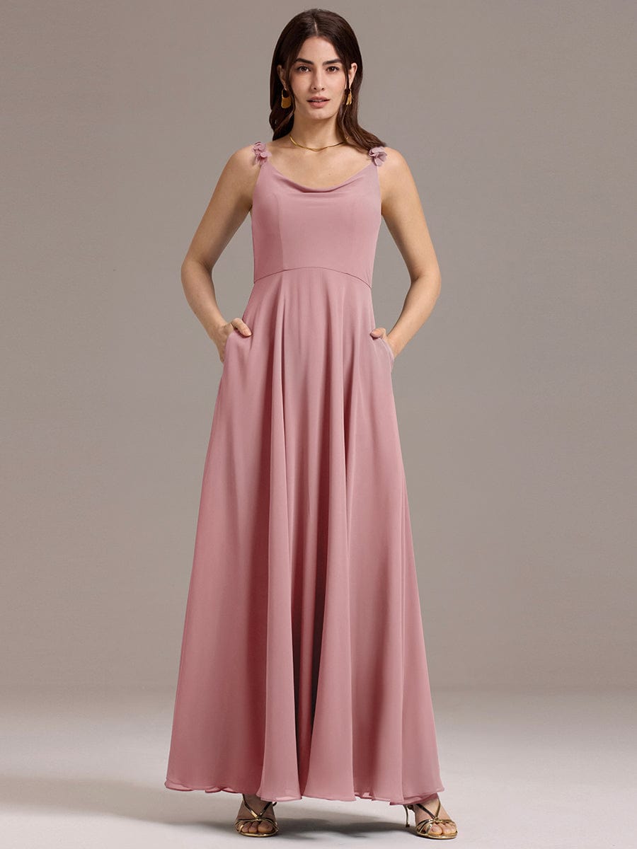 Flowy Chiffon Cowl Neck Backless A-Line Floral Strap Bridesmaids Dress #color_Dusty Rose