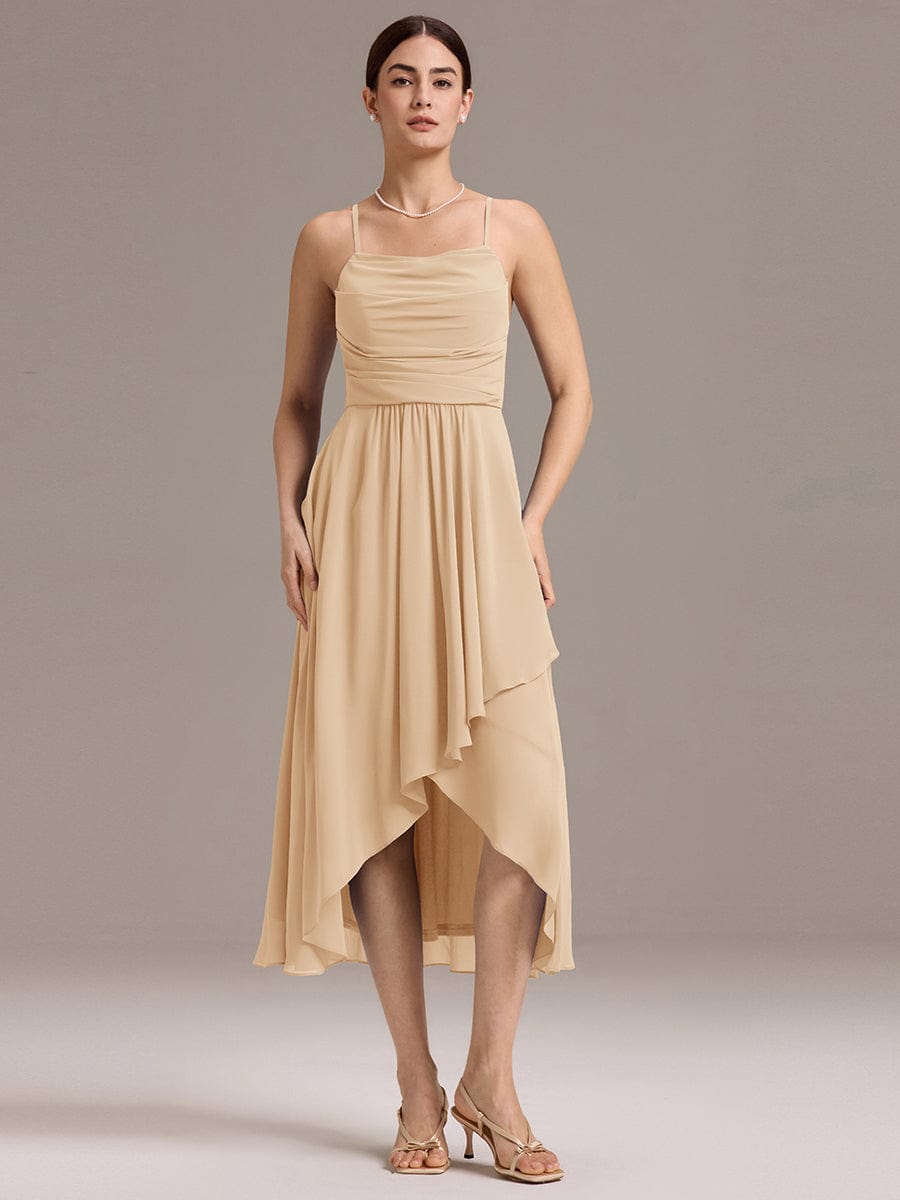 Asymmetrical Hem Strappy Chiffon A-Line Backless Bridesmaid Dress #color_Champagne