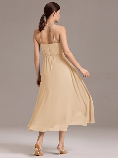 Asymmetrical Hem Strappy Chiffon A-Line Backless Bridesmaid Dress #color_Champagne