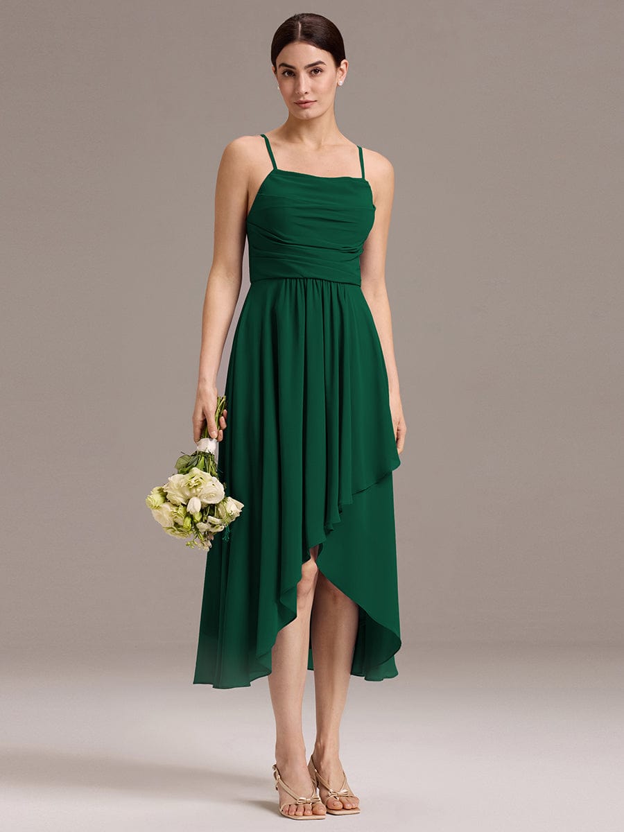 Asymmetrical Hem Strappy Chiffon A-Line Backless Bridesmaid Dress #color_Dark Green