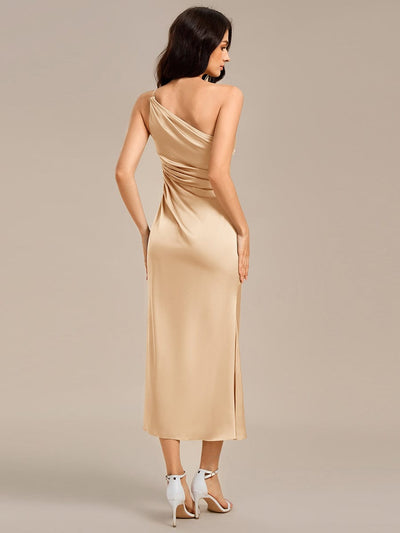 Satin One Shoulder Ruched Side Split Mermaid Bridesmaid Dresses #color_Champagne