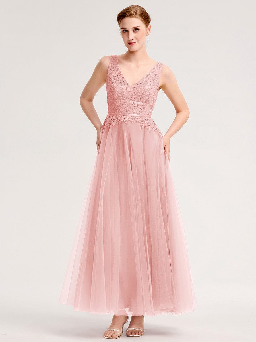 Applique Tulle Sleeveless Bridesmaid Dress #color_Pink