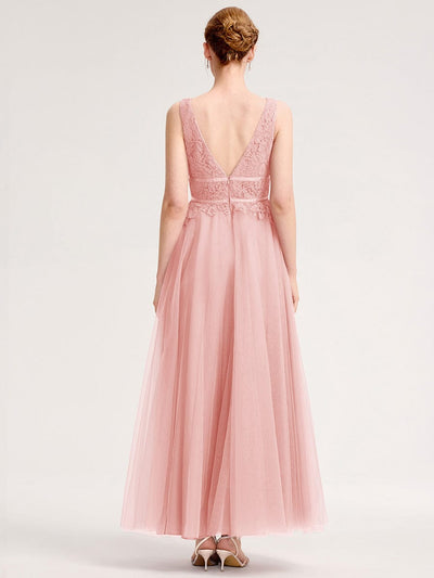 Applique Tulle Sleeveless Bridesmaid Dress #color_Pink