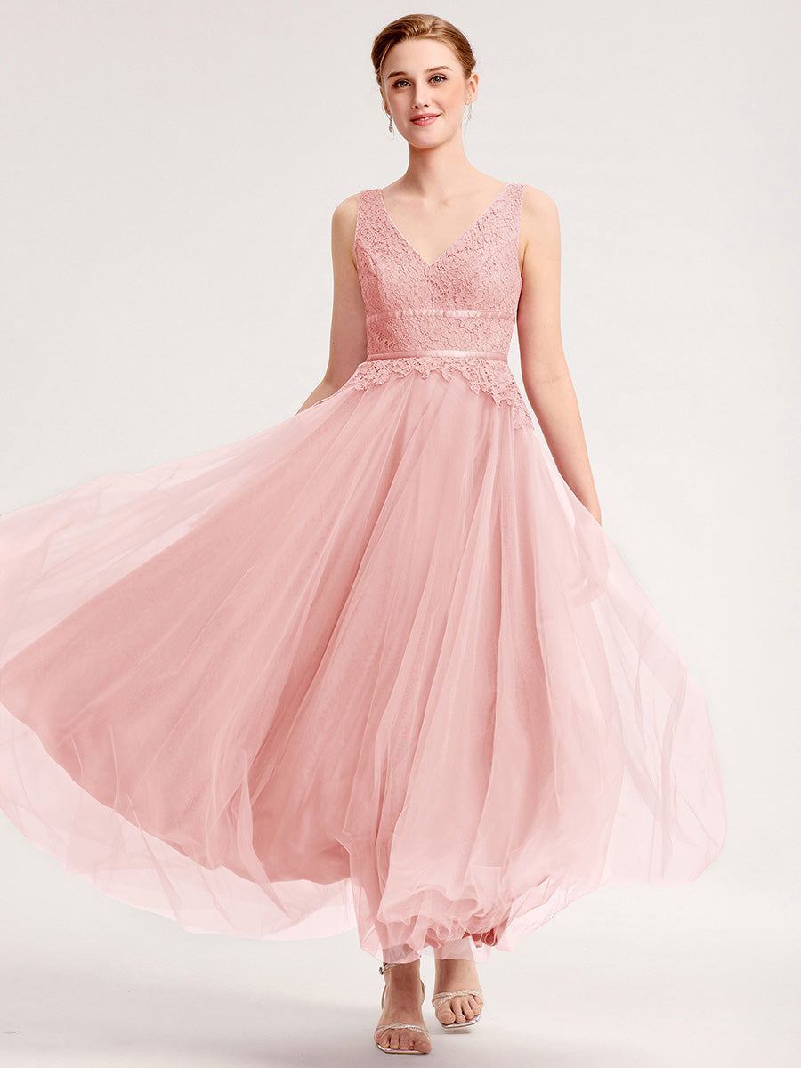 Applique Tulle Sleeveless Bridesmaid Dress #color_Pink