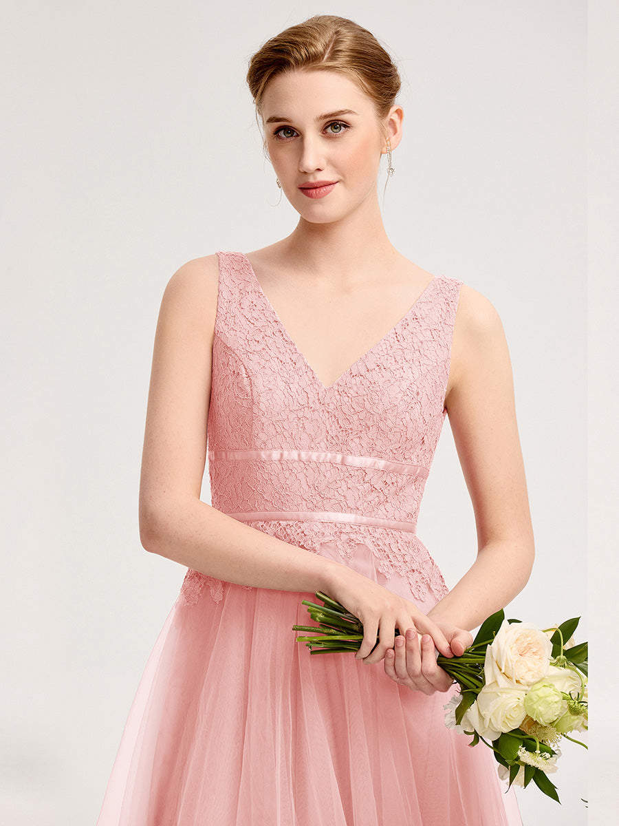 Applique Tulle Sleeveless Bridesmaid Dress #color_Pink