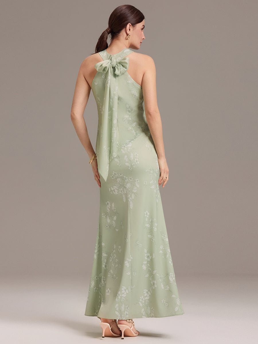 Elegant Cross Halter Neck Floral Satin Bridesmaid Dress with Bow Back #color_Vintage Primrose Celadon