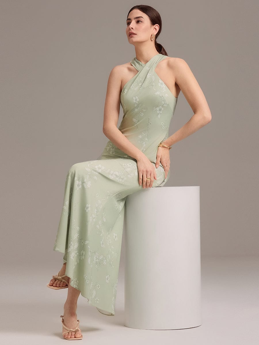 Elegant Cross Halter Neck Floral Satin Bridesmaid Dress with Bow Back #color_Vintage Primrose Celadon