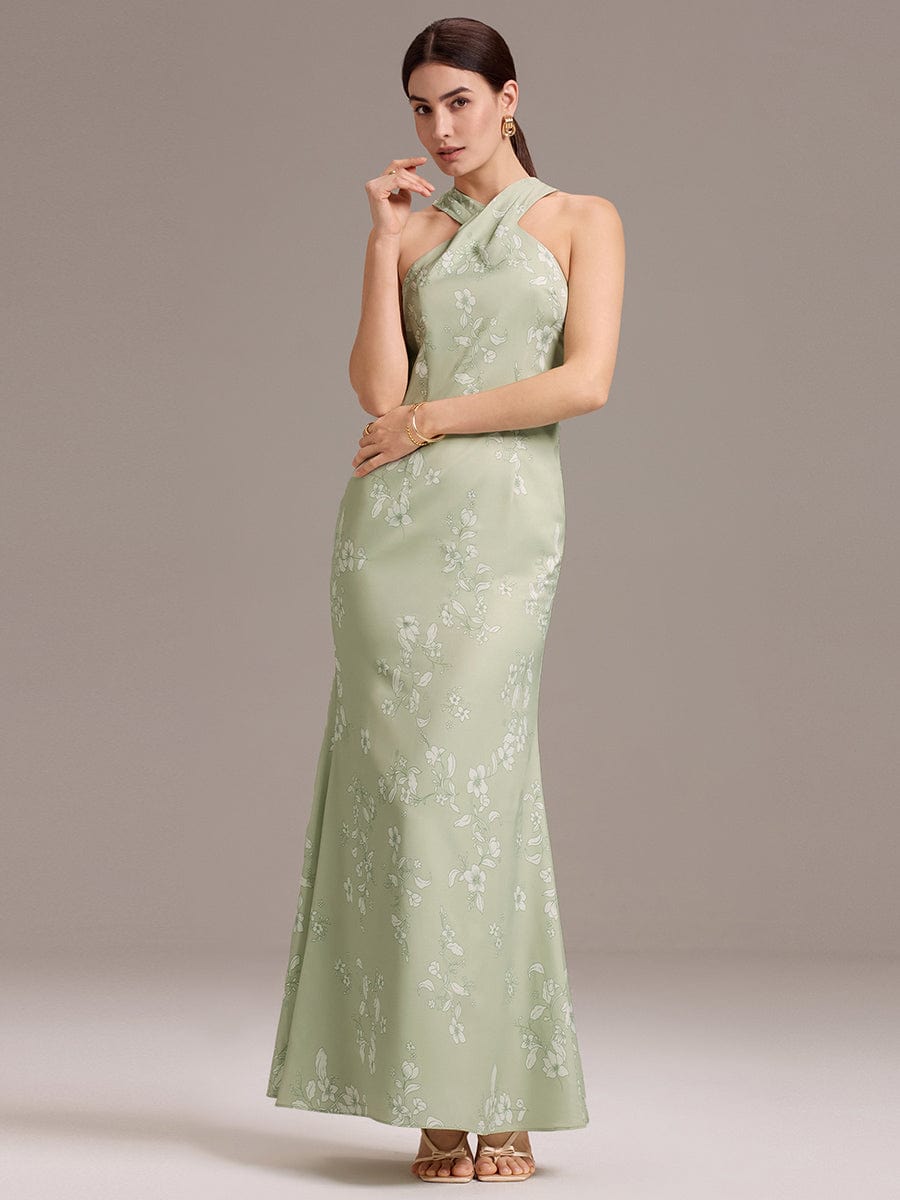 Elegant Cross Halter Neck Floral Satin Bridesmaid Dress with Bow Back #color_Vintage Primrose Celadon