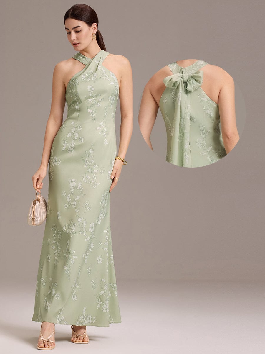Elegant Cross Halter Neck Floral Satin Bridesmaid Dress with Bow Back #color_Vintage Primrose Celadon