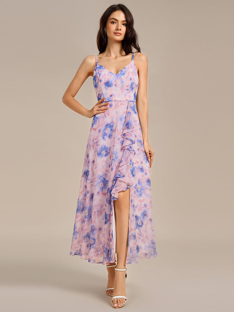 Ruffled Floral V-Neck A-line Maxi Side split Bridesmaid Dress #color_Azure Bream