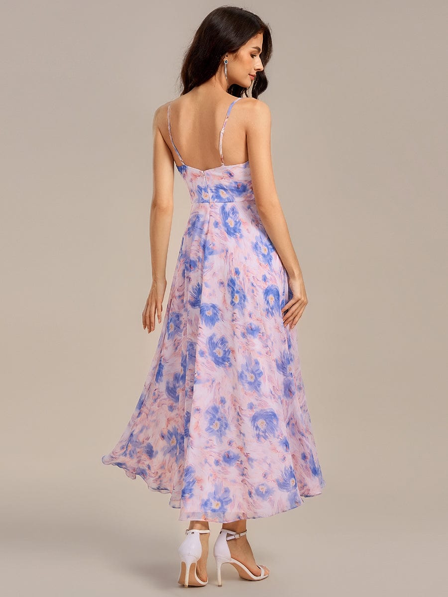 Ruffled Floral V-Neck A-line Maxi Side split Bridesmaid Dress #color_Azure Bream