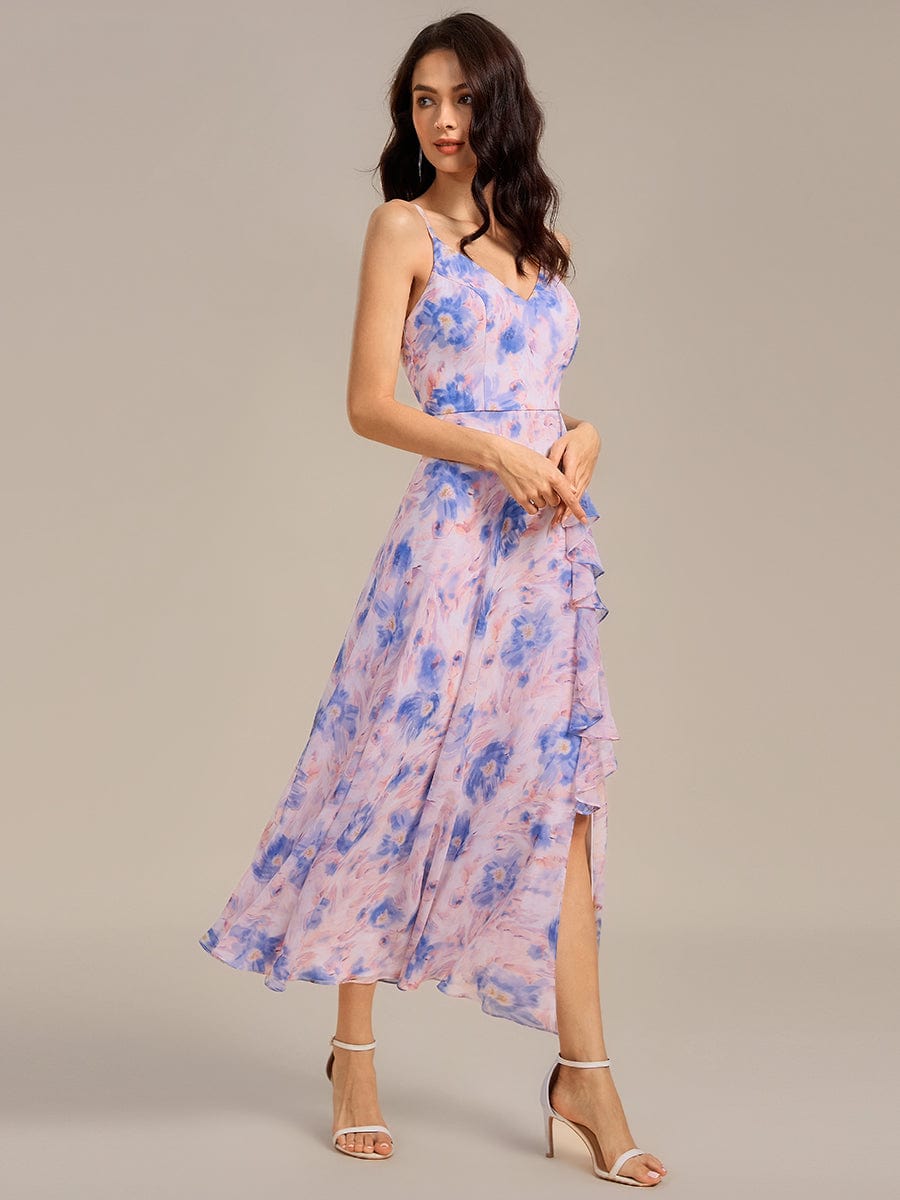 Ruffled Floral V-Neck A-line Maxi Side split Bridesmaid Dress #color_Azure Bream