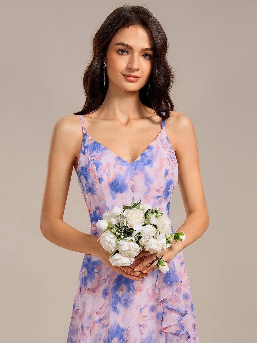 Ruffled Floral V-Neck A-line Maxi Side split Bridesmaid Dress #color_Azure Bream
