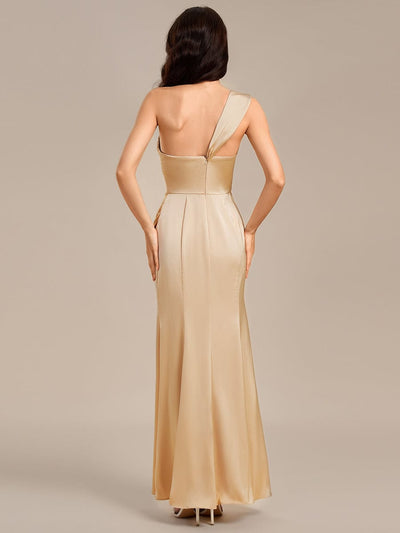 Satin One Shoulder Side Split Maxi Mermaid  Bridesmaid Dresses #color_Champagne