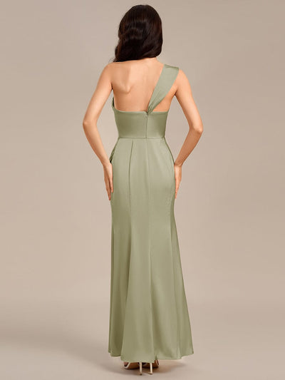 Satin One Shoulder Side Split Maxi Mermaid  Bridesmaid Dresses #color_Sage Green