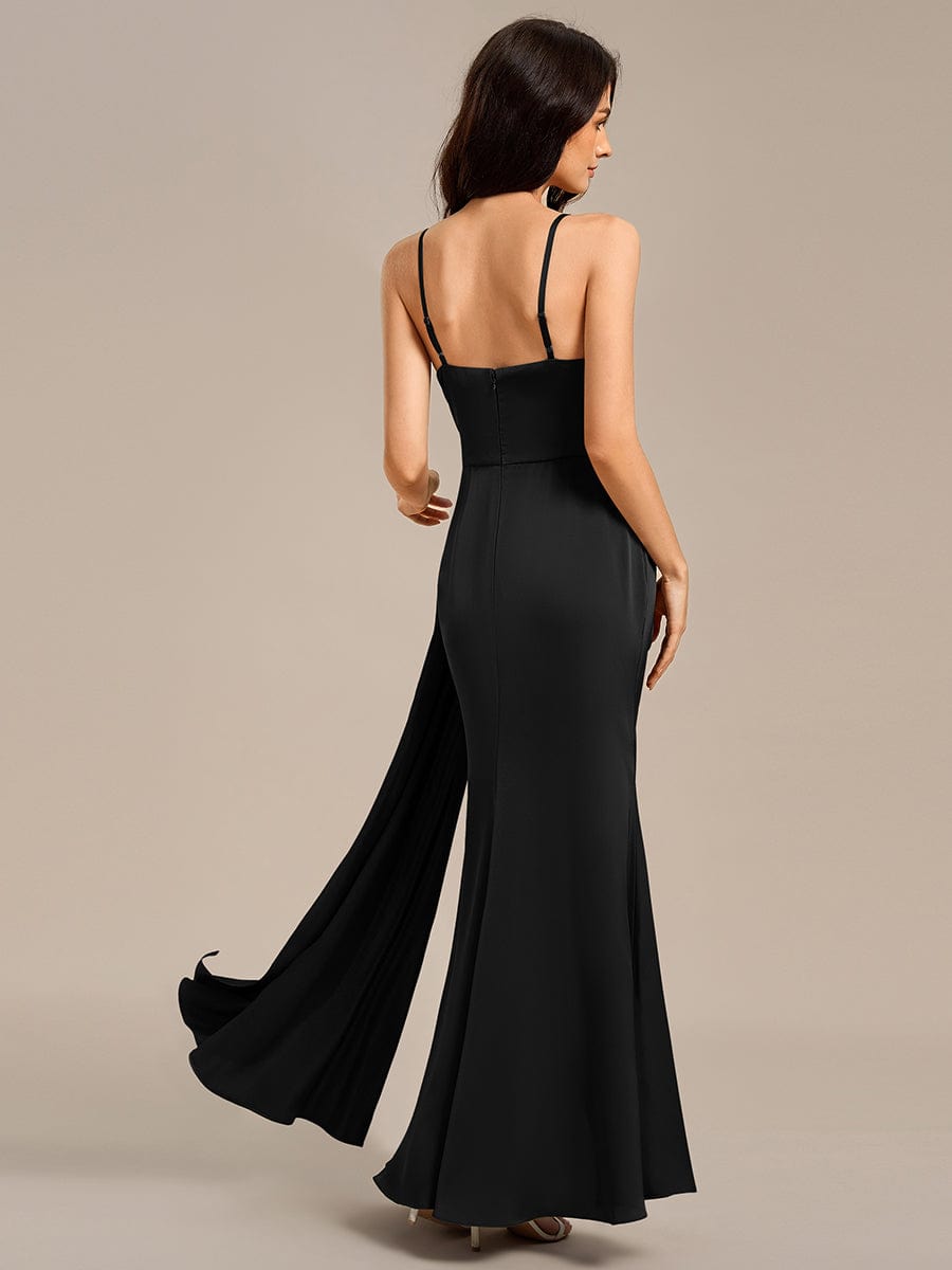 Satin Spaghetti Strap Maxi Mermaid Bridesmaid Dress #color_Black
