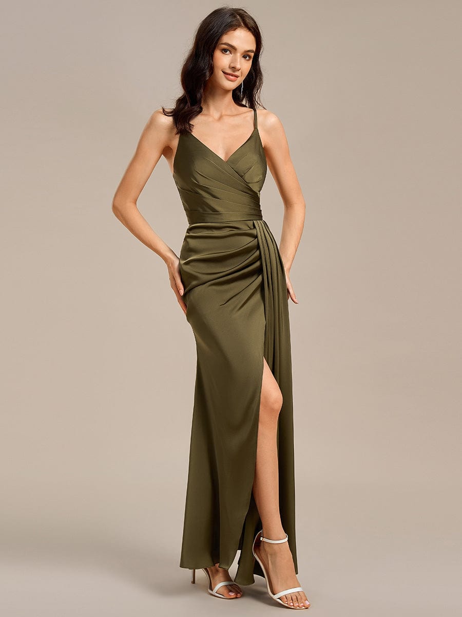 Satin Spaghetti Strap Maxi Mermaid Bridesmaid Dress #color_Olive Green