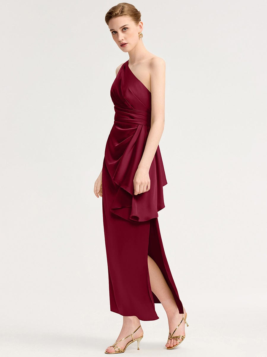 One Shoulder Satin Bridesmaid Dress #color_Burgundy