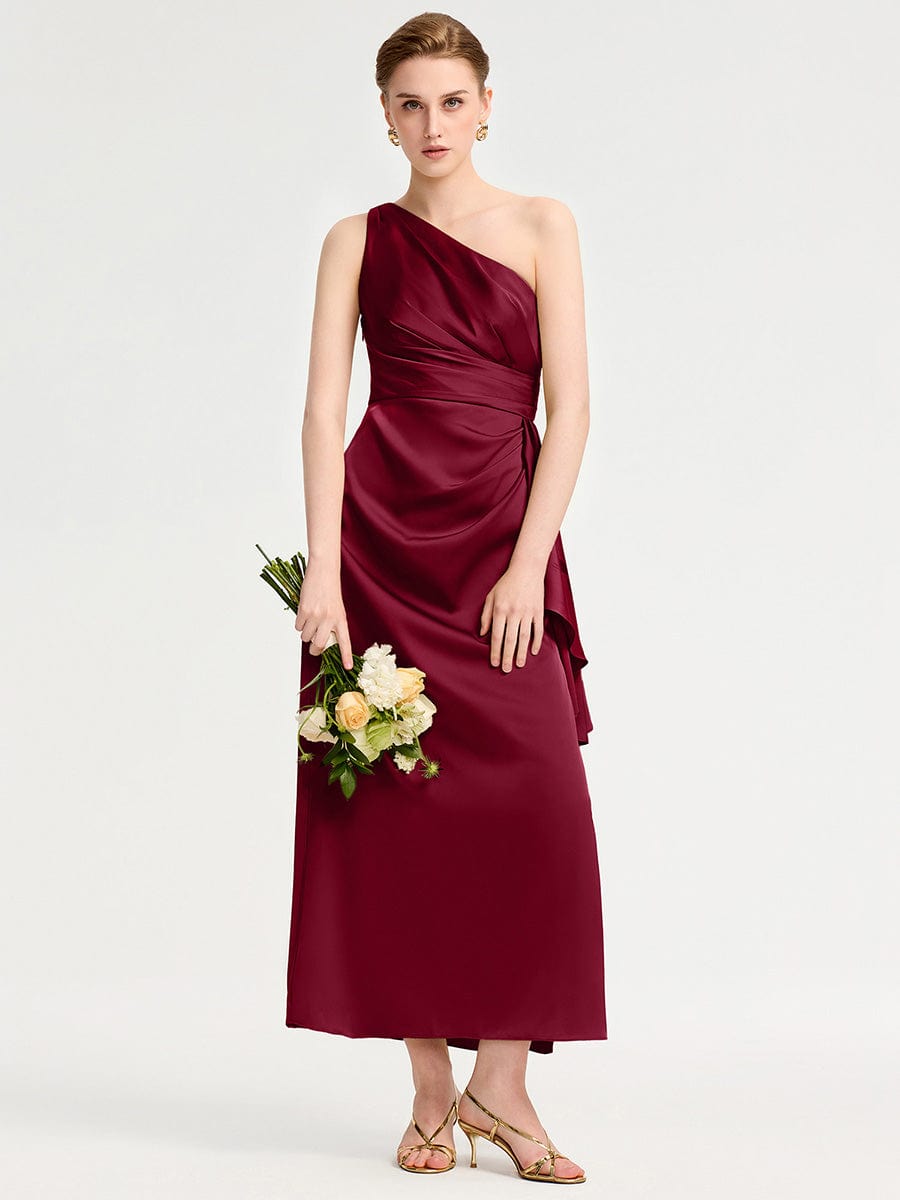 One Shoulder Satin Bridesmaid Dress #color_Burgundy