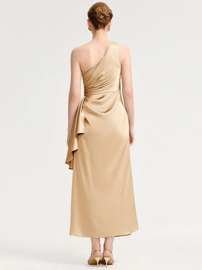 One Shoulder Satin Bridesmaid Dress #color_Champagne