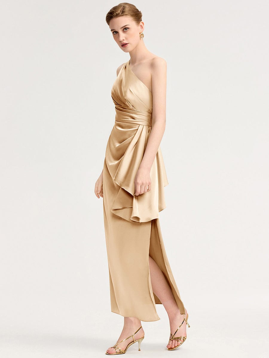 One Shoulder Satin Bridesmaid Dress #color_Champagne
