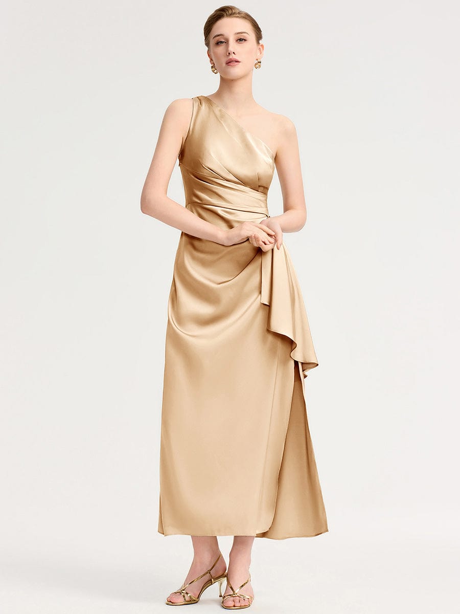 One Shoulder Satin Bridesmaid Dress #color_Champagne