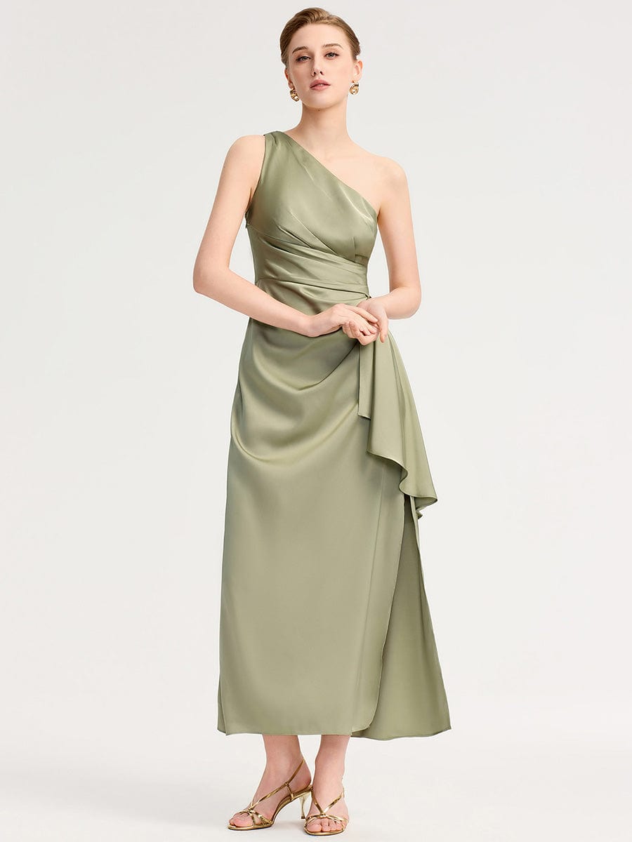One Shoulder Satin Bridesmaid Dress #color_Sage Green