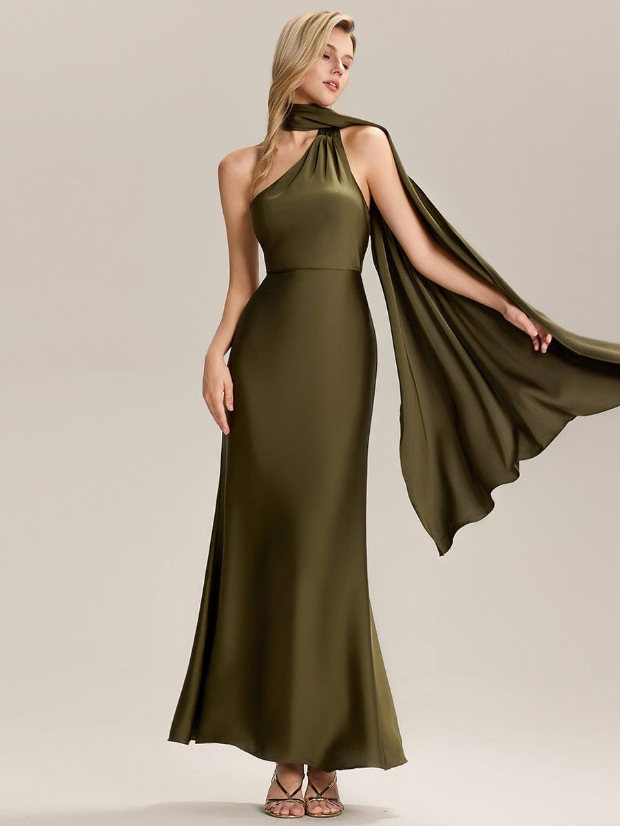 Flowing Ribbons Satin Sleeveless Bridesmaid Dress #color_Olive Green