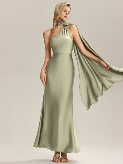 Flowing Ribbons Satin Sleeveless Bridesmaid Dress #color_Sage Green
