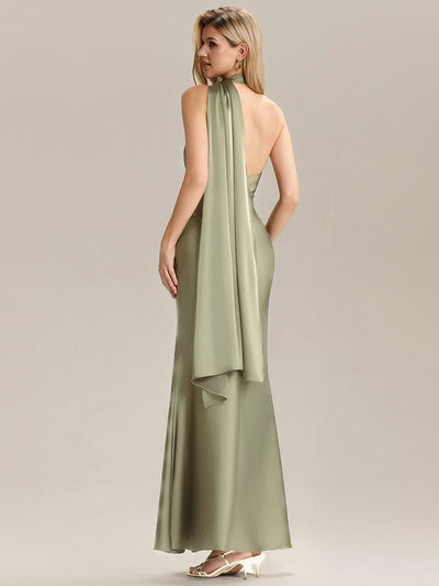 Flowing Ribbons Satin Sleeveless Bridesmaid Dress #color_Sage Green