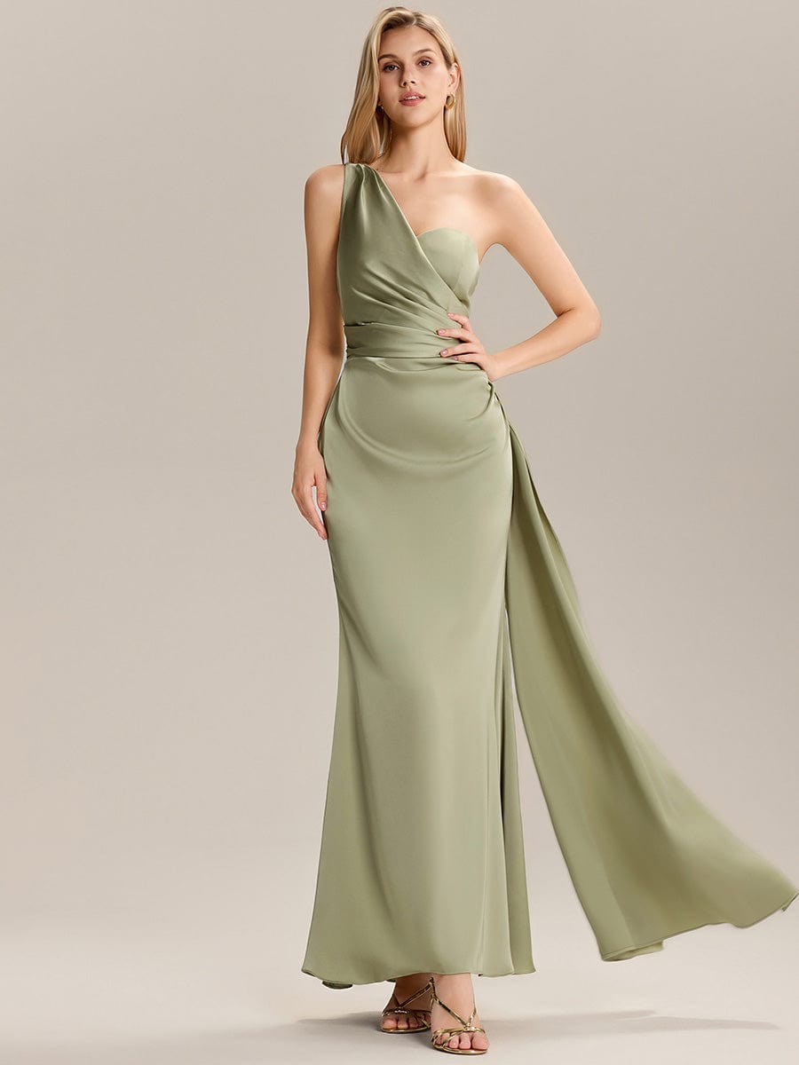 Flowing Ribbons Satin Sleeveless Bridesmaid Dress #color_Sage Green