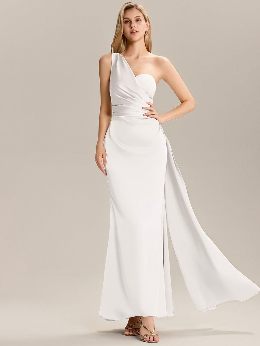 Flowing Ribbons Satin Sleeveless Bridesmaid Dress #color_White