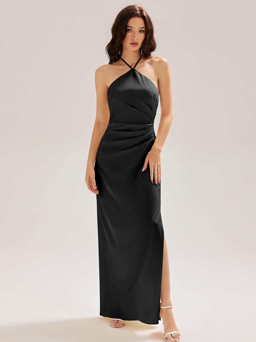Cold Shoulder Satin Mermaid Dress #color_Black