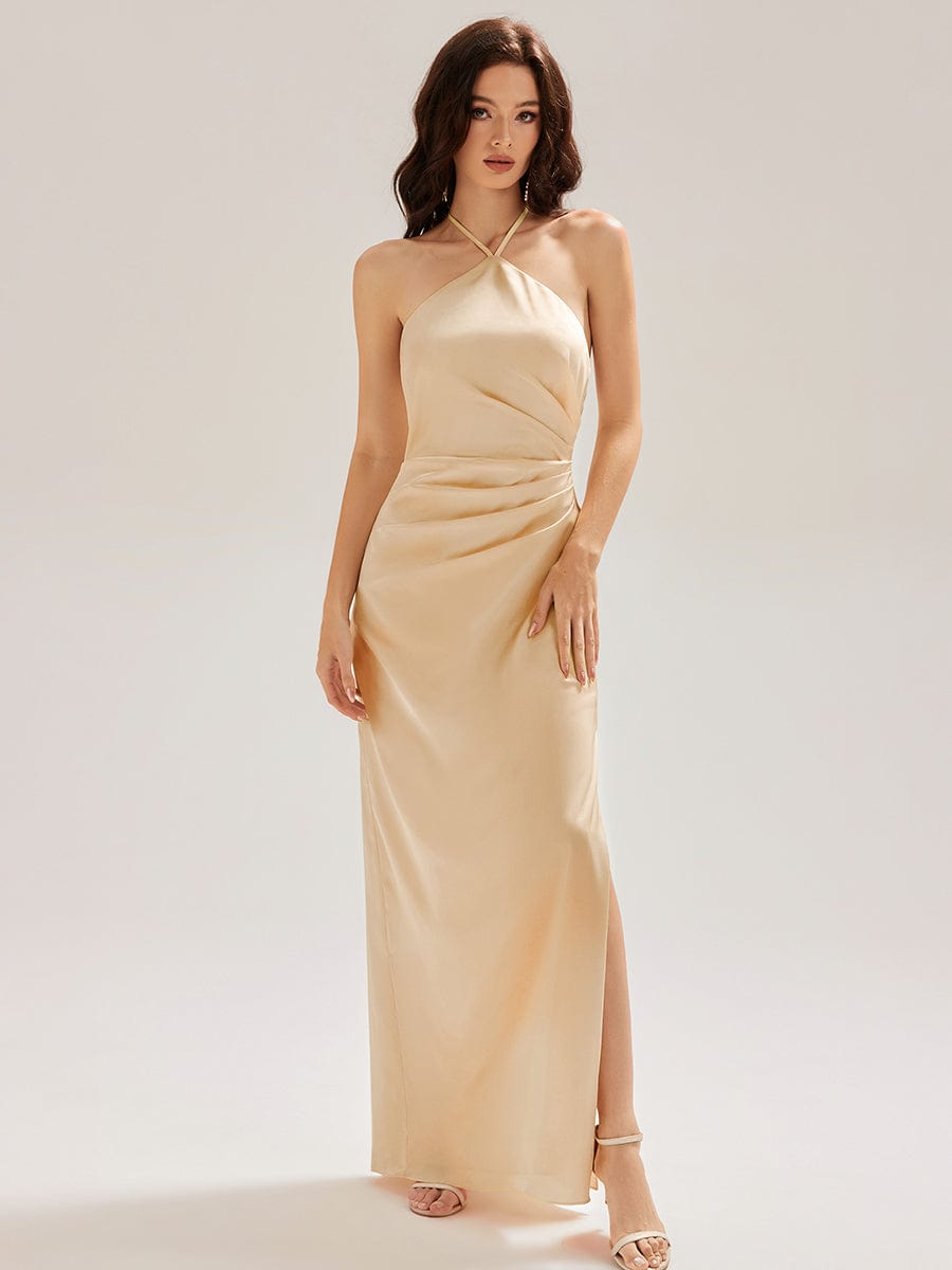 Cold Shoulder Satin Mermaid Dress #color_Champagne