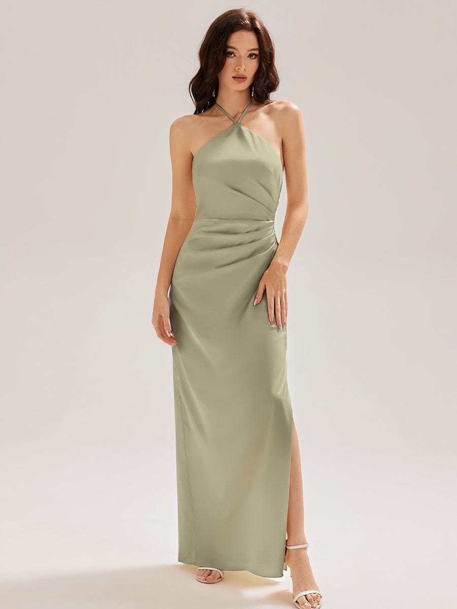 Cold Shoulder Satin Mermaid Dress #color_Sage Green