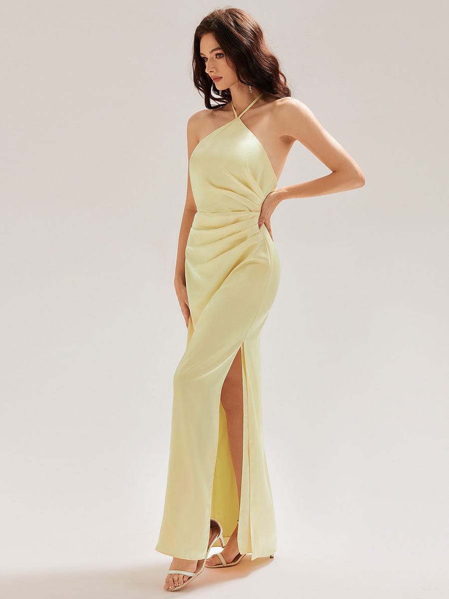 Cold Shoulder Satin Mermaid Dress #color_Yellow