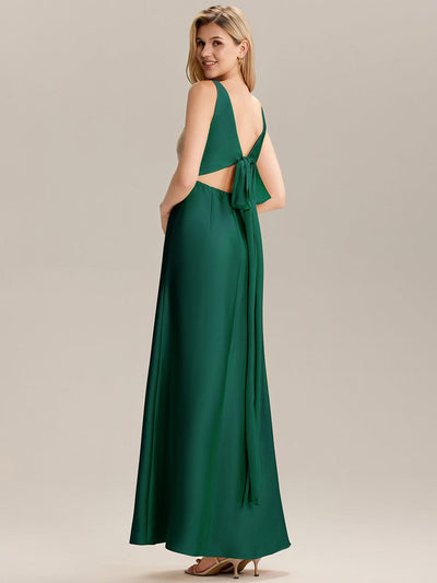 Tie Knot Satin Sleeveless Bridesmaid Dress #color_Dark Green