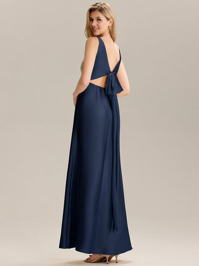Tie Knot Satin Sleeveless Bridesmaid Dress #color_Navy Blue