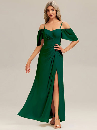 Thigh-High Slit Chiffon Ruffle Sleeve Bridesmaid Dress