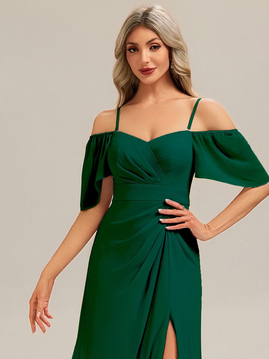 Thigh-High Slit Chiffon Ruffle Sleeve Bridesmaid Dress #color_Dark Green