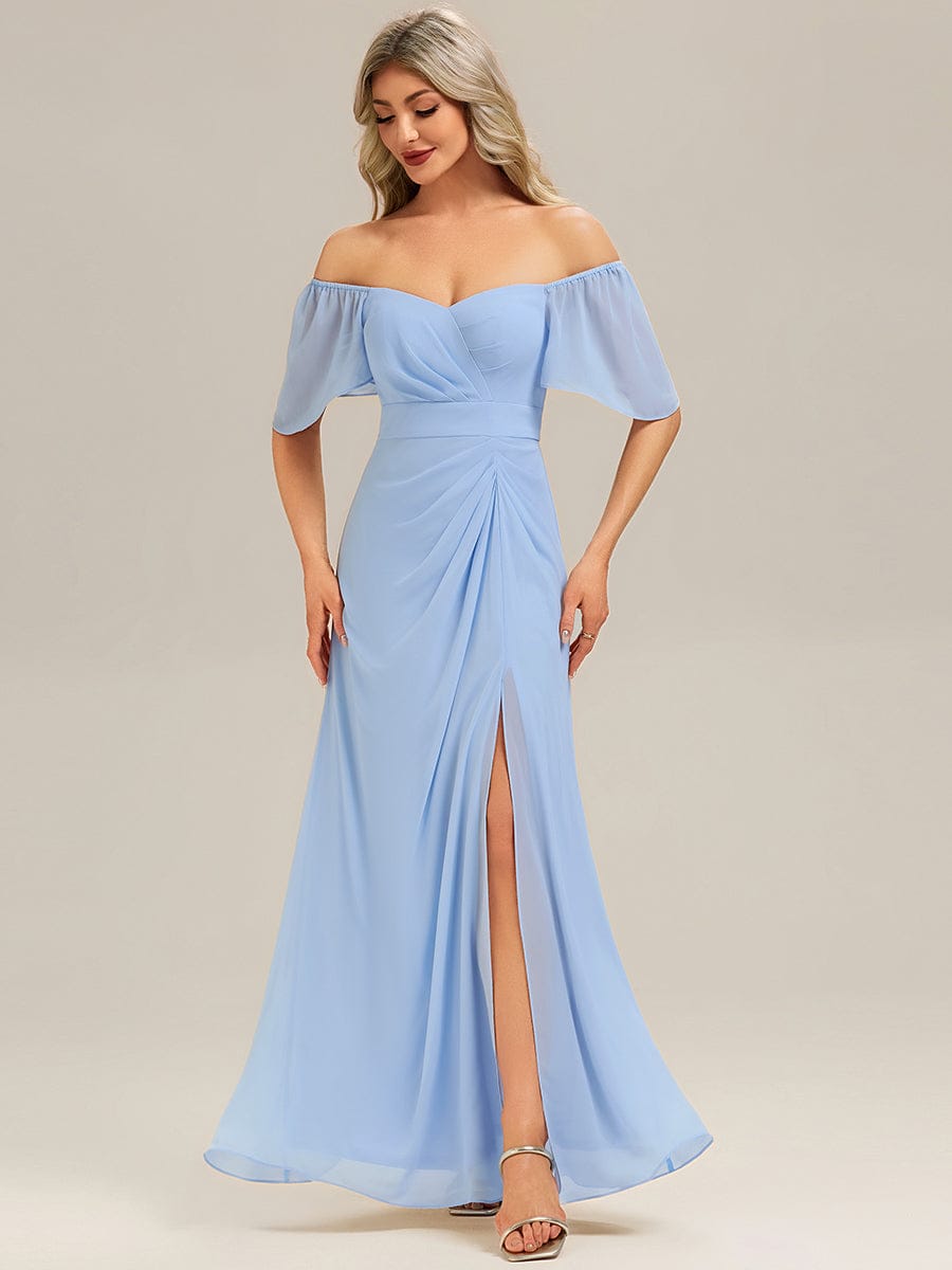 Thigh-High Slit Chiffon Ruffle Sleeve Bridesmaid Dress #color_Ice Blue