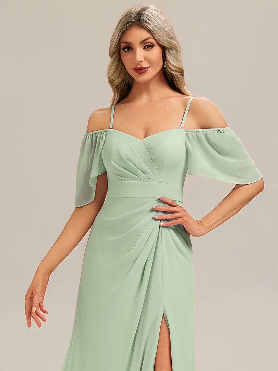 Thigh-High Slit Chiffon Ruffle Sleeve Bridesmaid Dress #color_Mint Green
