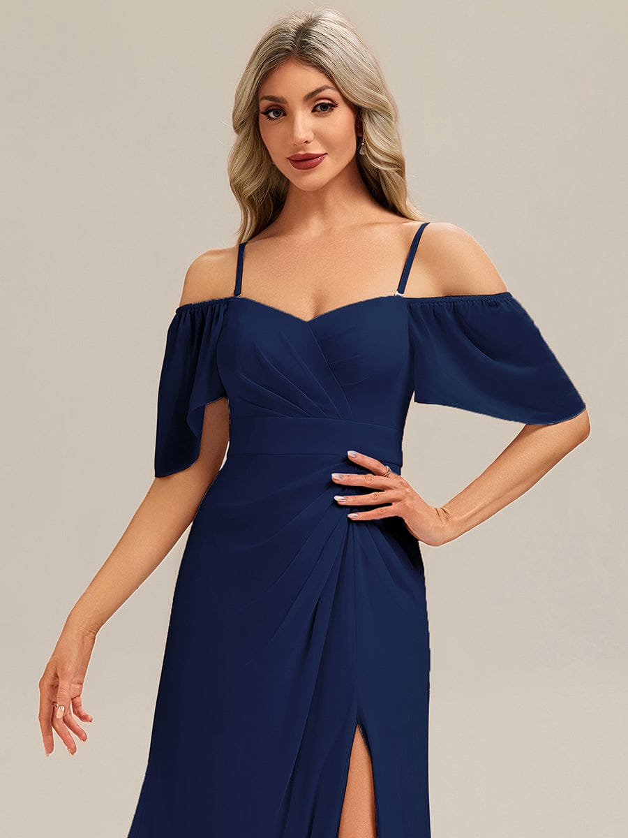 Thigh-High Slit Chiffon Ruffle Sleeve Bridesmaid Dress #color_Navy Blue