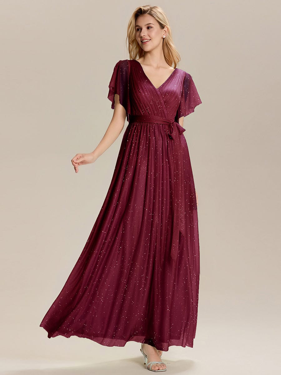 Tie-Waist Diamond Linen Ruffle Sleeve Bridesmaid Dress #color_Burgundy