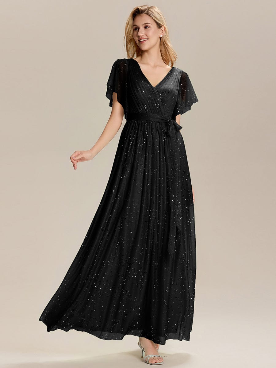Tie-Waist Diamond Linen Ruffle Sleeve Bridesmaid Dress #color_Black