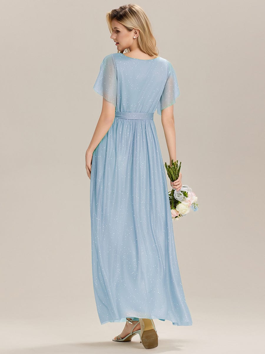 Tie-Waist Diamond Linen Ruffle Sleeve Bridesmaid Dress #color_Ice Blue