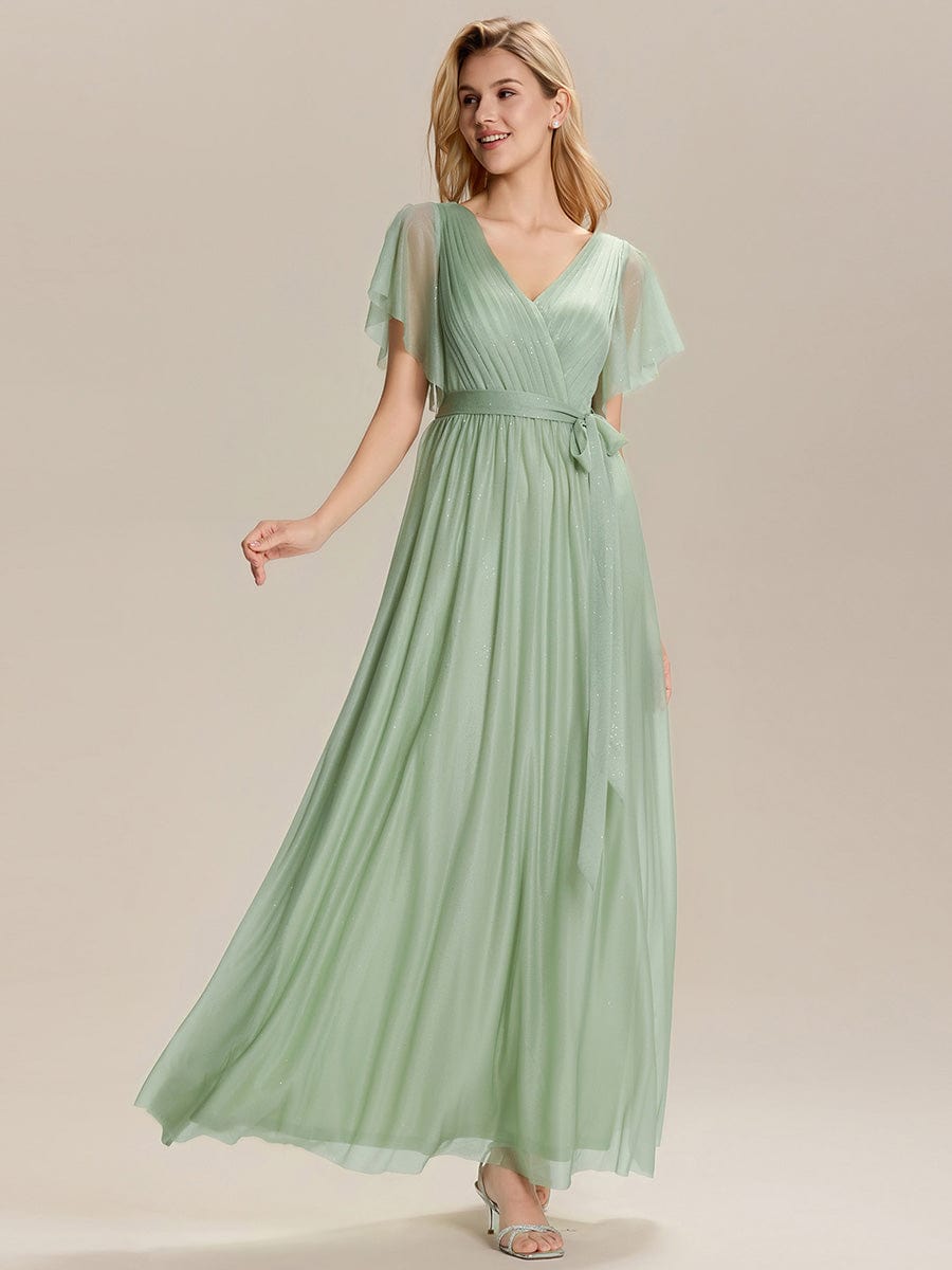 Tie-Waist Diamond Linen Ruffle Sleeve Bridesmaid Dress #color_Mint Green
