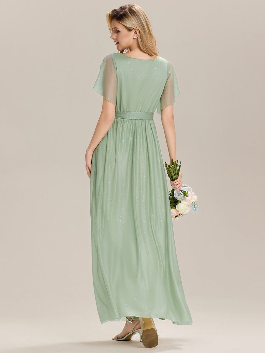 Tie-Waist Diamond Linen Ruffle Sleeve Bridesmaid Dress #color_Mint Green