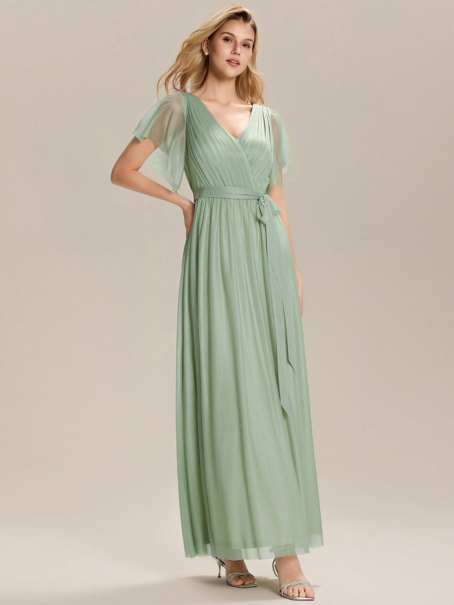 Tie-Waist Diamond Linen Ruffle Sleeve Bridesmaid Dress #color_Mint Green